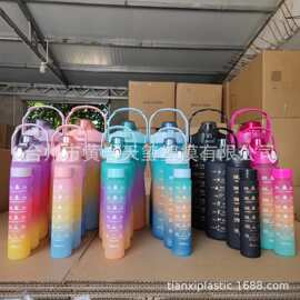 出口四件套杯 大容量塑料吸管杯 便携运动冷水壶 吸管刻度水杯
