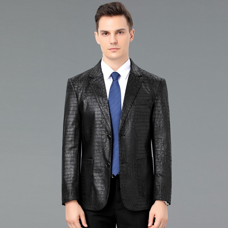 2025 Leather Jacket Men's Crocodile Pattern Sheepskin Business Suit Jacket Fashion Leather Jacket Men's Middle-Aged Jacket Wholesale