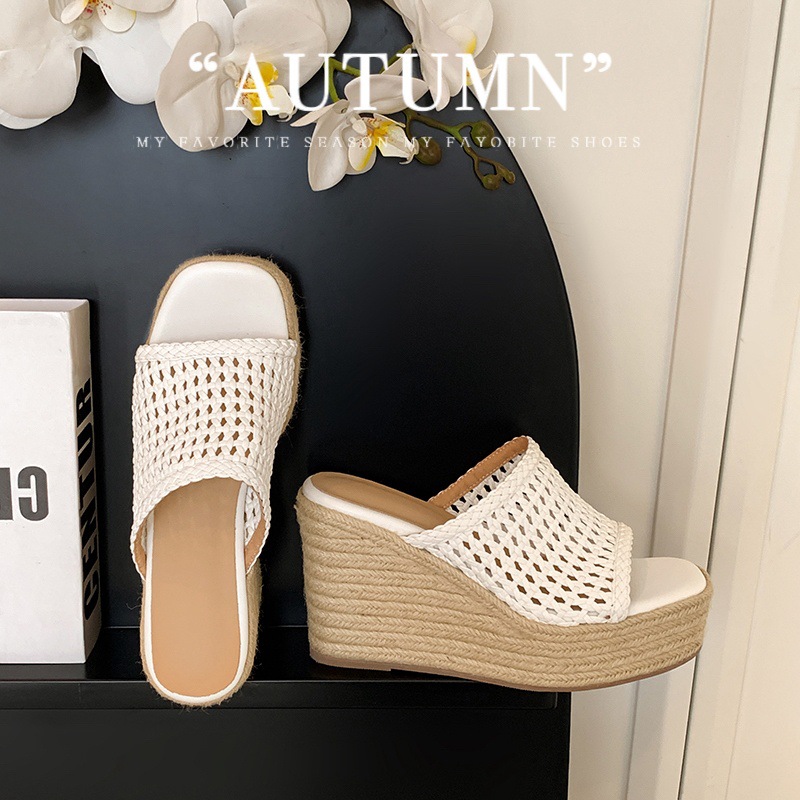 Dép sandal nữ đế xuồng cao gót mũi vuông phong cách boho — nâu, đen, trắng chi tiết 9