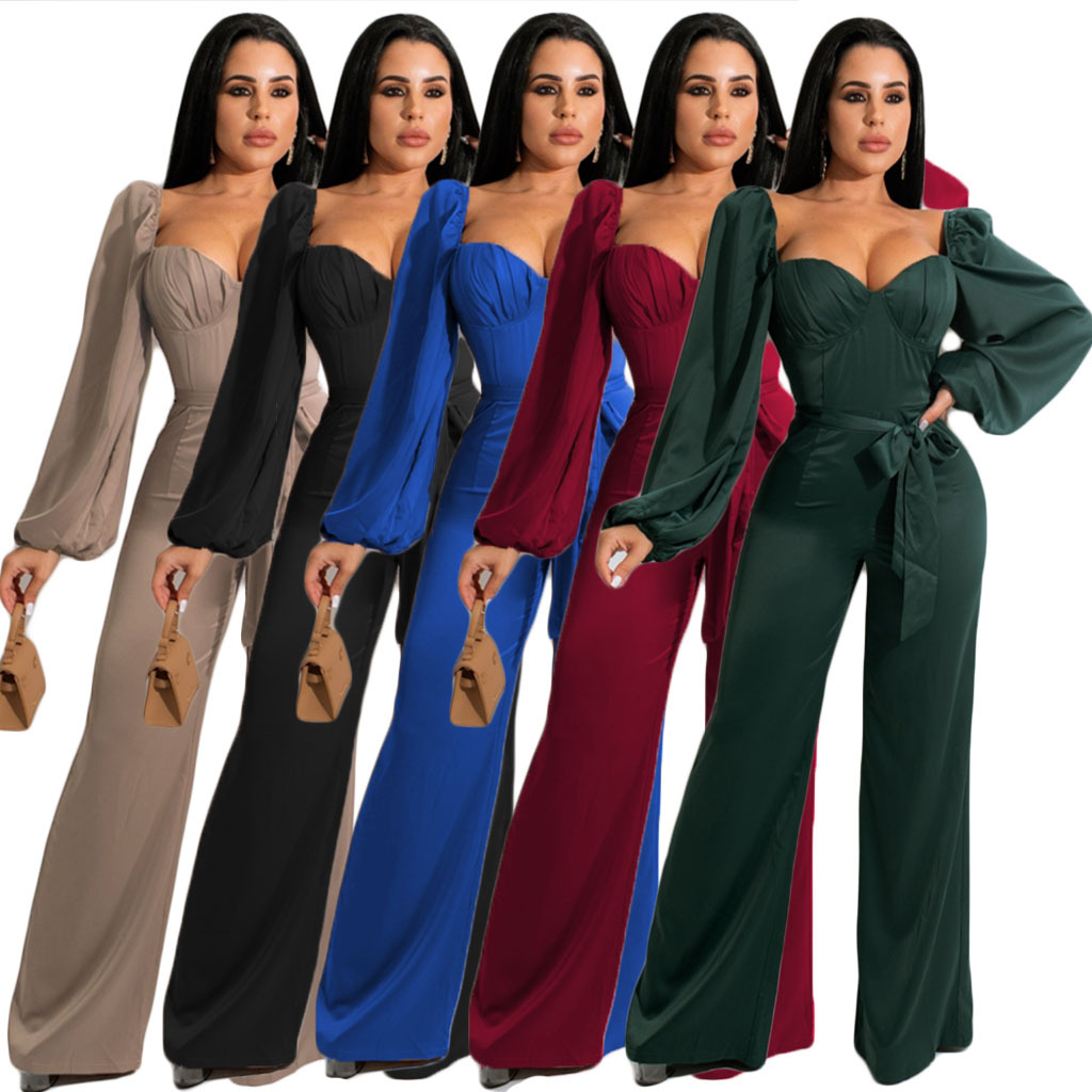 Pleated Solid Color Long Sleeve Lace-Up Wide-Leg Jumpsuit NSGCX112968