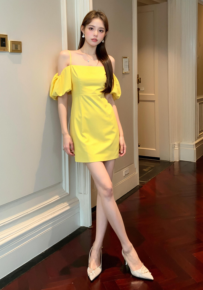Váy lửng nữ kiểu Pháp cổ ngang vai tay lồng đèn ôm dáng — Màu vàng chi tiết 7