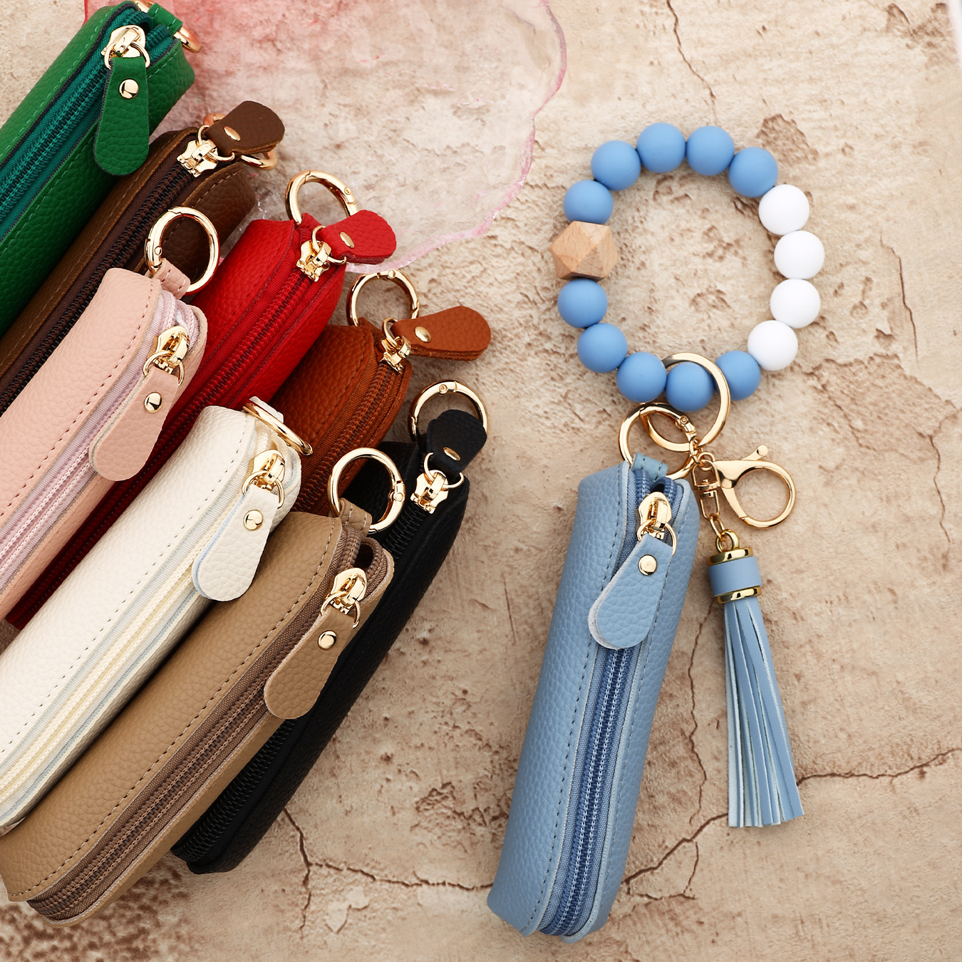 Macaron Leather Pendant Silicone Bead Bracelet Coin Purse Car Keychain Lipstick Bag Women's Keychain Bag Cross-Border