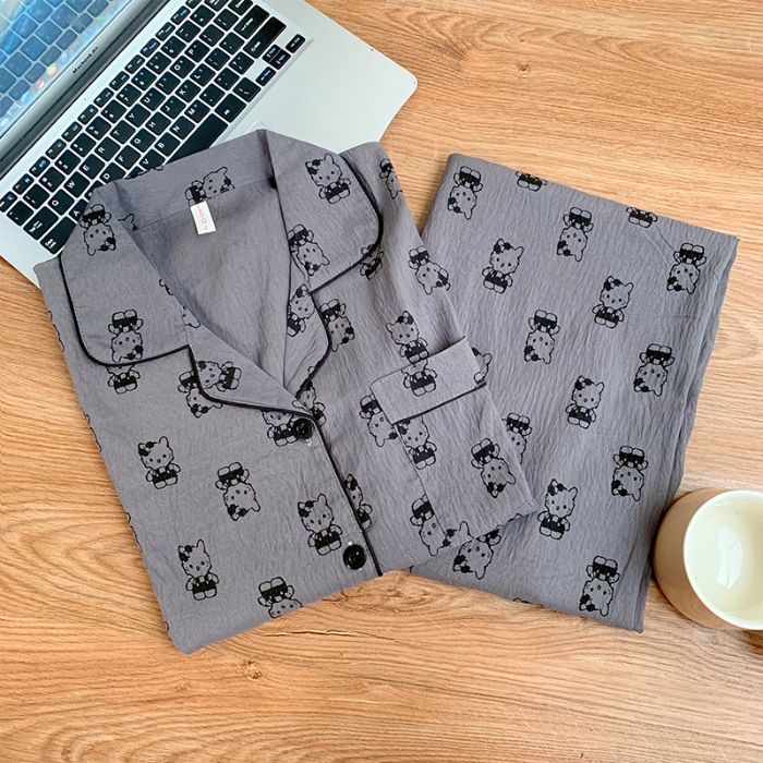 Nuevo conjunto de pijamas de algodón nublado transfronterizo de manga larga delgada primavera y otoño de mujeres lindos pantalones de dibujos animados dulces ropa para el hogar