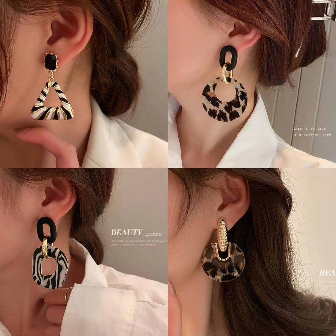 真金电镀银针豹纹星星圆圈耳环欧美潮流设计感耳坠气质氛围感耳饰详情3