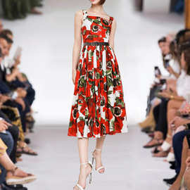 欧洲站2024夏季新款女装抹胸印红花绿叶收腰中长甜美吊带裙配腰带