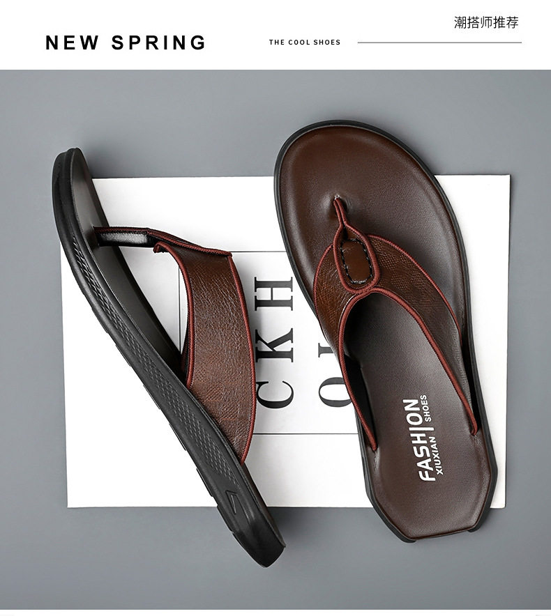 Dép xỏ ngón nam da bò lớp đầu chống trượt, phong cách casual đi ngoài trời — XQ2266 màu nâu, XQ2266 màu đen chi tiết 5
