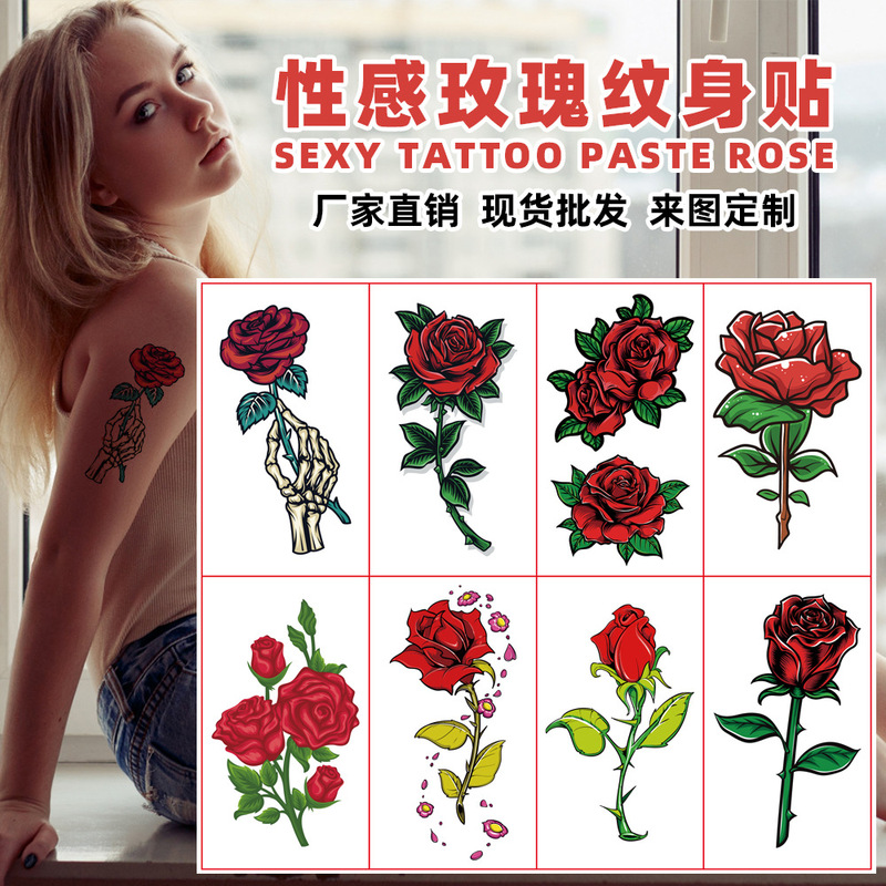 Sexy Rose Tattoo Sticker Women's Waterproof Hand Waist Chest Ankle Clavicle Simulation Green Temporary Disposable Sticker
