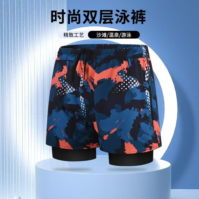 Cross-border Explosive Swimming Trunks Sports Trunks Double-layer Men's Running Sports Fitness Anti-embarrassment Loose Beach Trunks Swimming Trunks