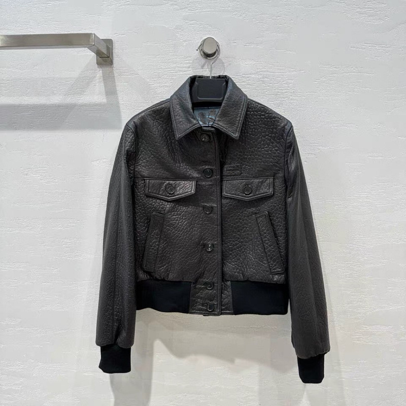 Haining Spring and Autumn New Bubble Pattern Sheepskin Shirt Lapel Flight Jacket Short Women's Genuine Leather Baseball Jacket