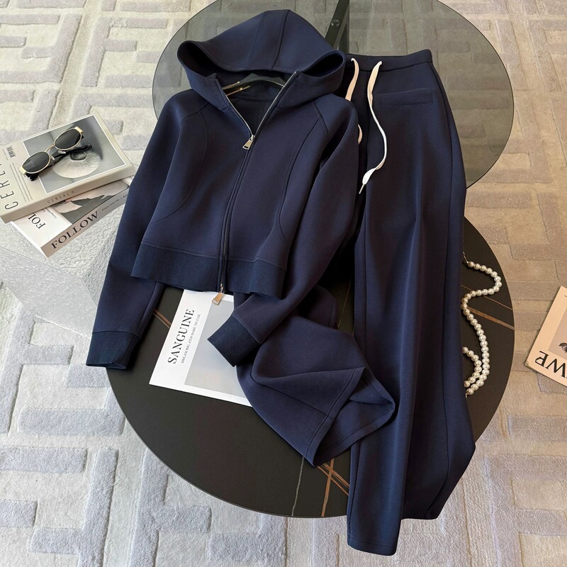 Designed High-End Casual Sports Suit for Women, Autumn Age-Reducing Double-Ended Zipper Hooded Sweatshirt, Straight Pants Two-Piece Set