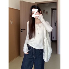 韩系纯欲蕾丝边长袖针织衫T恤女秋季 温柔风宽松显瘦别致打底上衣