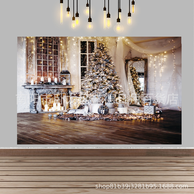 Christmas tree fireplace photo background cross-border foreign trade Christmas party decoration banner vinyl photography background cloth Christmas tree fireplace photo background cross-border foreign trade Christmas party decoration banner vinyl photography background cloth