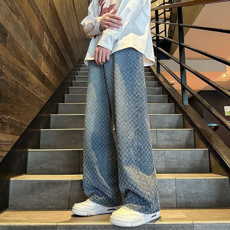 Wide-leg Pants Men's Jacquard Full Print Jeans Old High Street Straight Pants_mkmklike.com