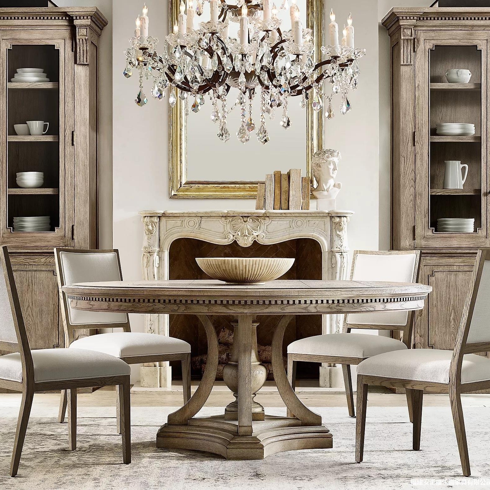 橡木美式圆桌纯实木复古乡村圆形餐桌椅欧式客厅家用饭桌别墅家具