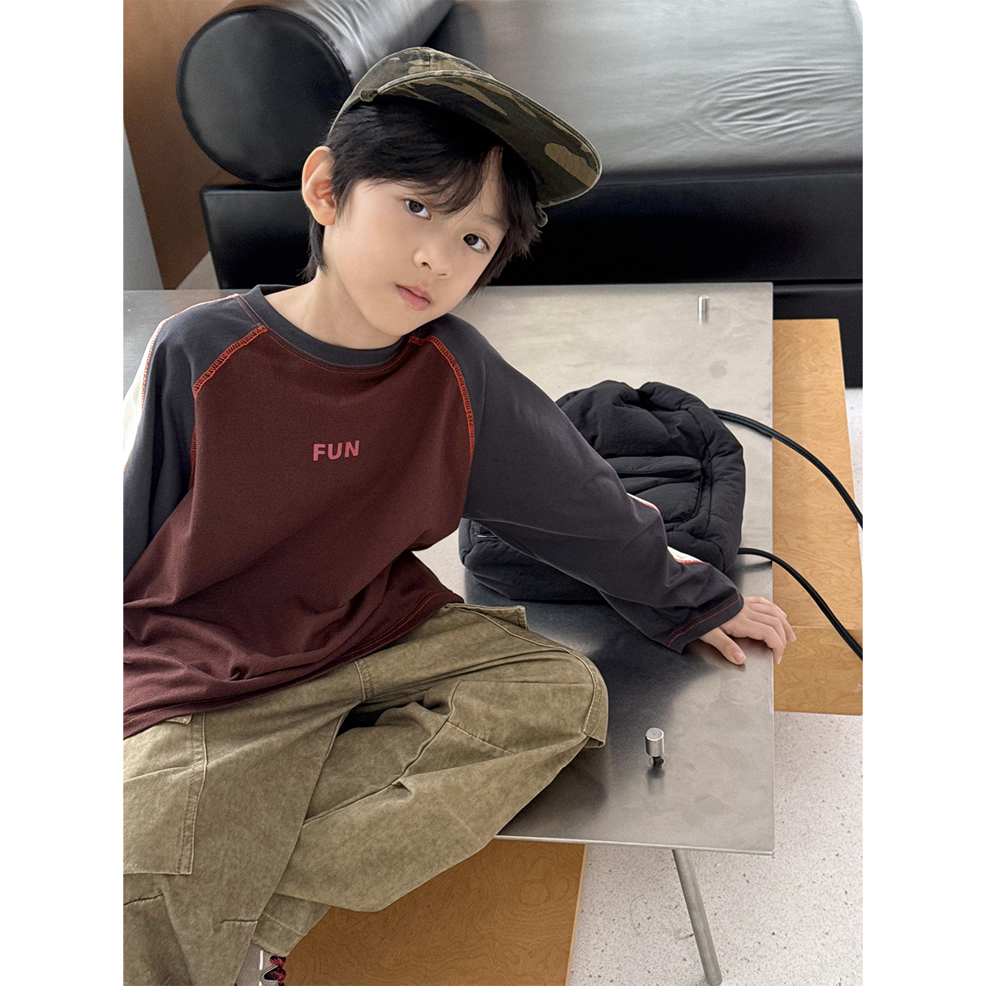 Trendy American Retro Color Block Long-Sleeve T-Shirt for Boys and Girls, 2026 Spring/Autumn New Style, Simple Letter Children's Top