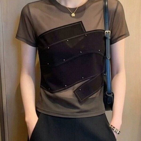 European-Style Fashionable Beaded Mesh Patchwork Short-Sleeve T-Shirt, Plus-Size Women's Summer New Design, Youthful Top European-Style Fashionable Beaded Mesh Patchwork Short-Sleeve T-Shirt, Plus-Size Women's Summer New Design, Youthful Top