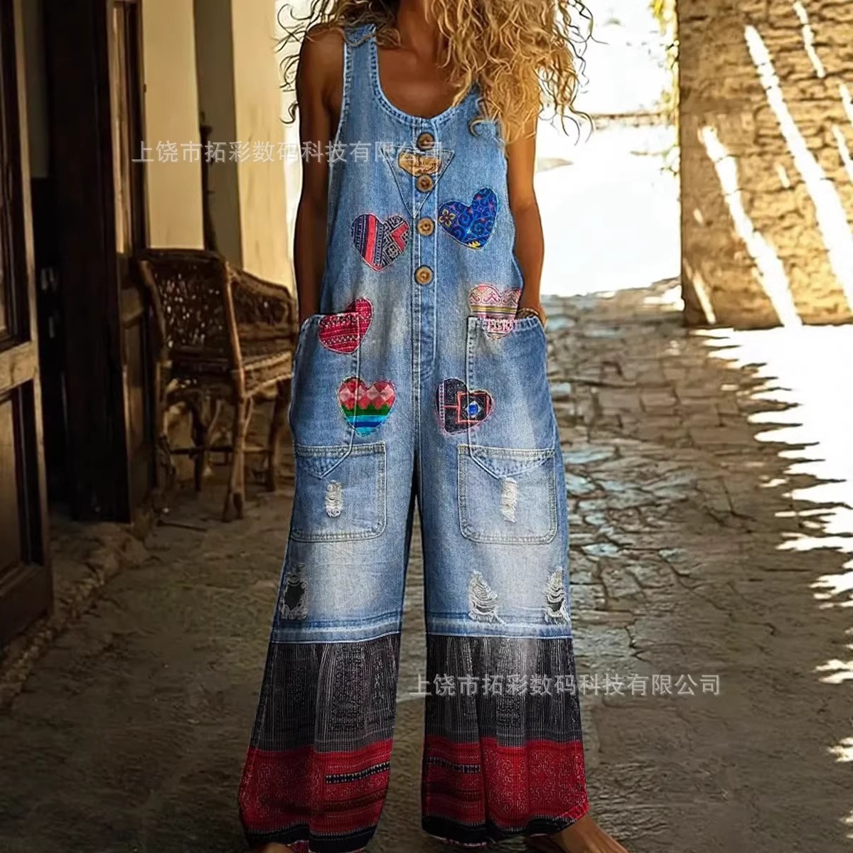 2026 Independent Website Hot Selling European and American Cross-border Street Style Retro Trendy Wide-leg Pants Overalls Women's Sleeveless Faux Denim
