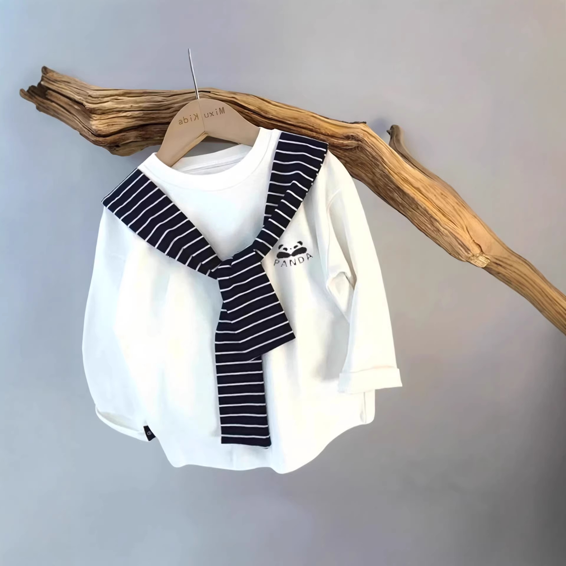 205 New Spring and Autumn Faux Two-Piece Tie-Waist Top for Boys and Girls, Long-Sleeved Base Layer Shirt, Baby T-Shirt Top