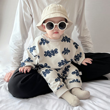 婴儿春装衣服洋气男宝宝印花长袖圆领连体爬服超萌可爱儿童哈衣外