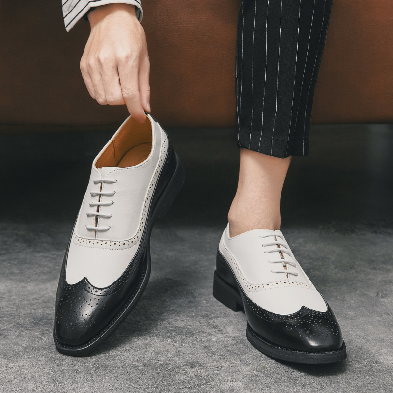 Häre Brogue Lieder-schong Mat Quadratescher Spëtzt Zweifarweg_voghion.com