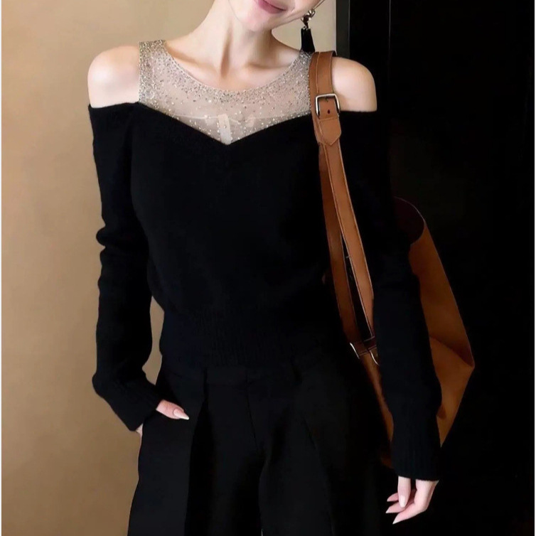 Light Luxury Style Black Off-Shoulder Long-Sleeve Sequined Knit Top for Women, New Slim-Fit Fashionable Top for Petite Figures Light Luxury Style Black Off-Shoulder Long-Sleeve Sequined Knit Top for Women, New Slim-Fit Fashionable Top for Petite Figures