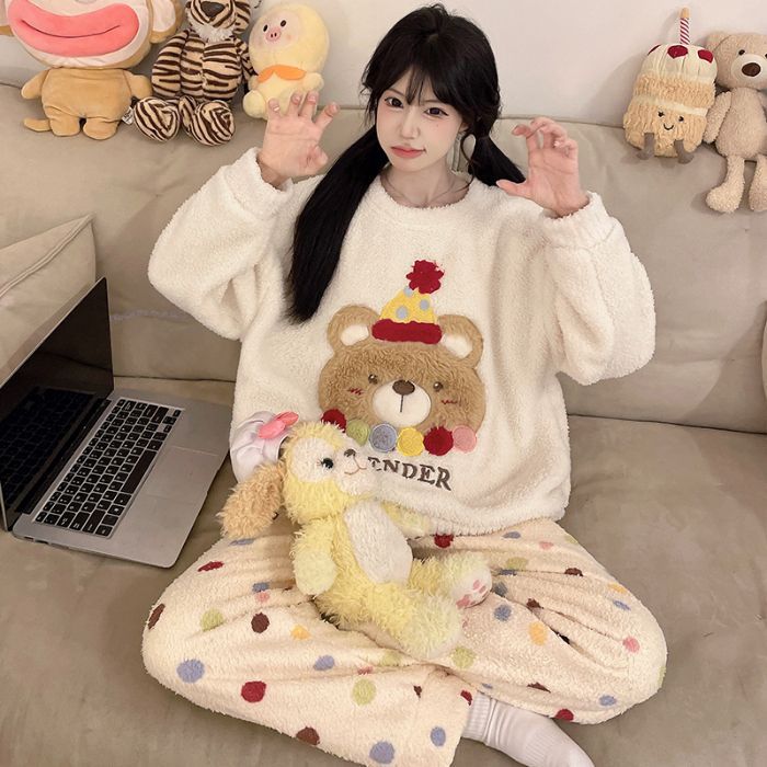 파자마 여자 가을 겨울 코랄 기모 두께 기모 플랜지 가정복 소녀 겨울 귀엽다 외장 세트