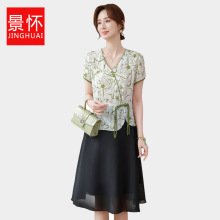 妈妈夏装雪纺连衣裙时尚气质假两件太太短袖裙子宽松显瘦大码女装