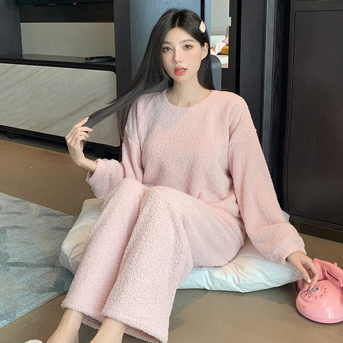 320G soft and fluffy monochromatic half-fleece women's pajama set with warm long sleeves, princess pink plush, lazy style set
