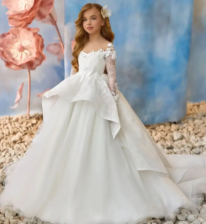 New Children's Lace Long Sleeve Little Wedding Flower Girl Birthday Party Dress_voghion.com