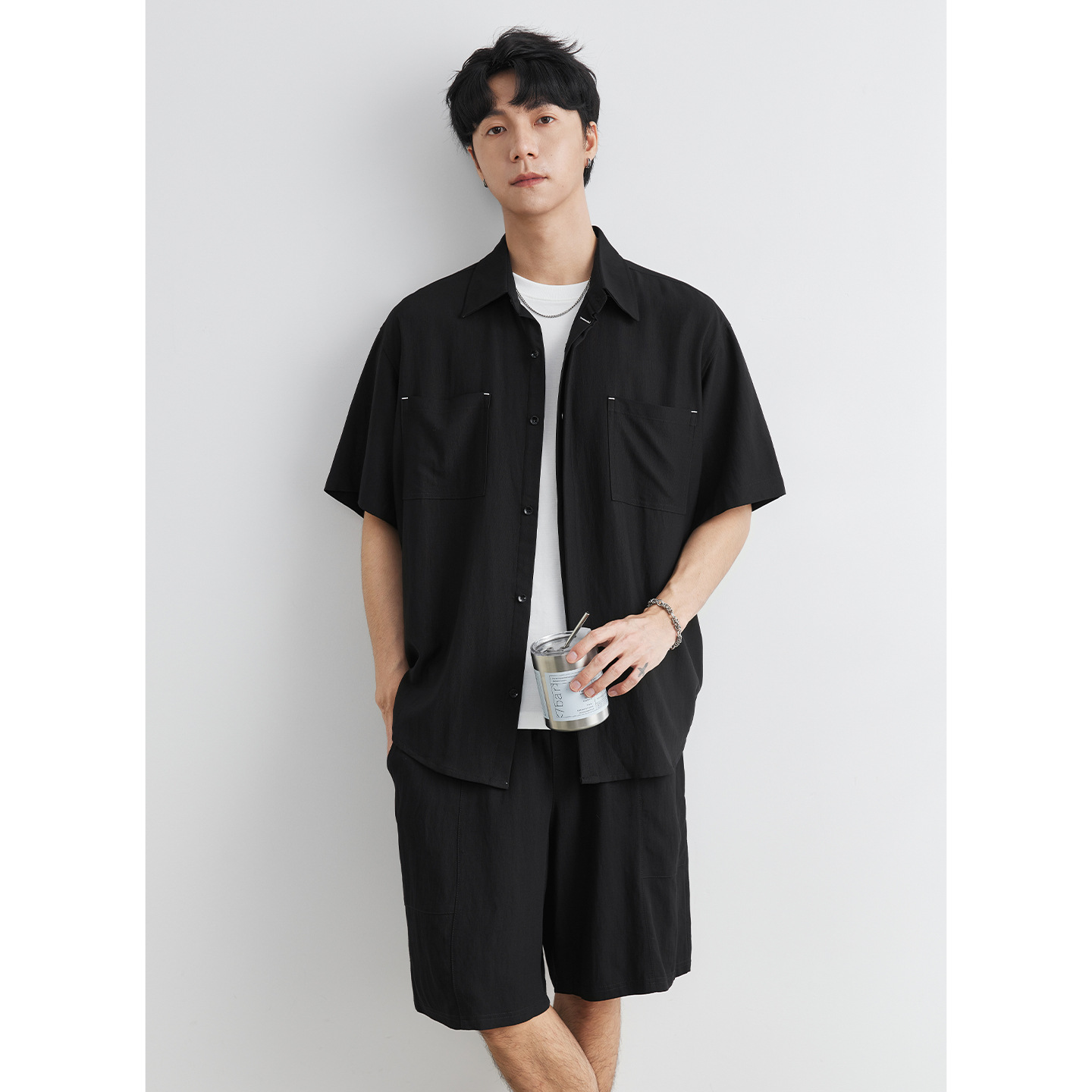 Yizhi Men's Lightweight and Cool Ice Silk Suit Summer New Korean Style Loose Work Shirt Shorts Complete Set Trendy