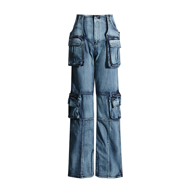 Jeans de Pierna Recta para Mujer, Diseño Primavera 2026, con Bolsillos Grandes y Parches, Pantalones Largos Ajustados, para Comercio Exterior Transfronterizo