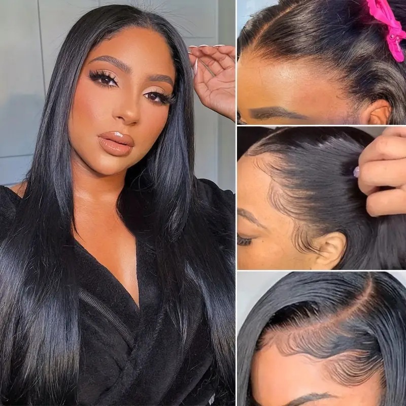 Peruca de cabelo sintético comprida lisa preta com risca ao meio_voghion.com