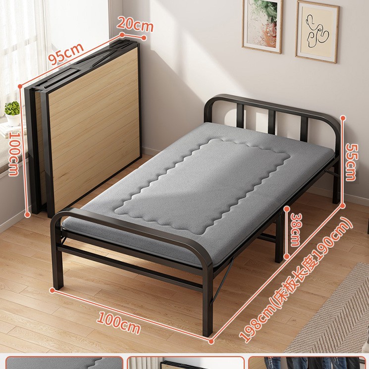 Cama plegable de madera maciza tablero de la cama sala de alquiler hogar adulto simple almuerzo cama individual cama de hierro reforzado 1,2 m cama pequeña