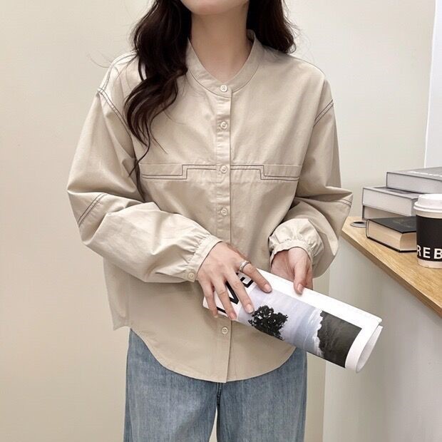 长袖衬衫 2025秋季新款 文艺宽松立领上衣女简约显瘦打底衬衣8163|undefined