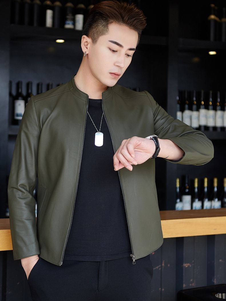 New Haining Leather Men's Vertical Collar Sheepskin Genuine Leather Leather Leather Coat Mat Simple Casual Full Leather