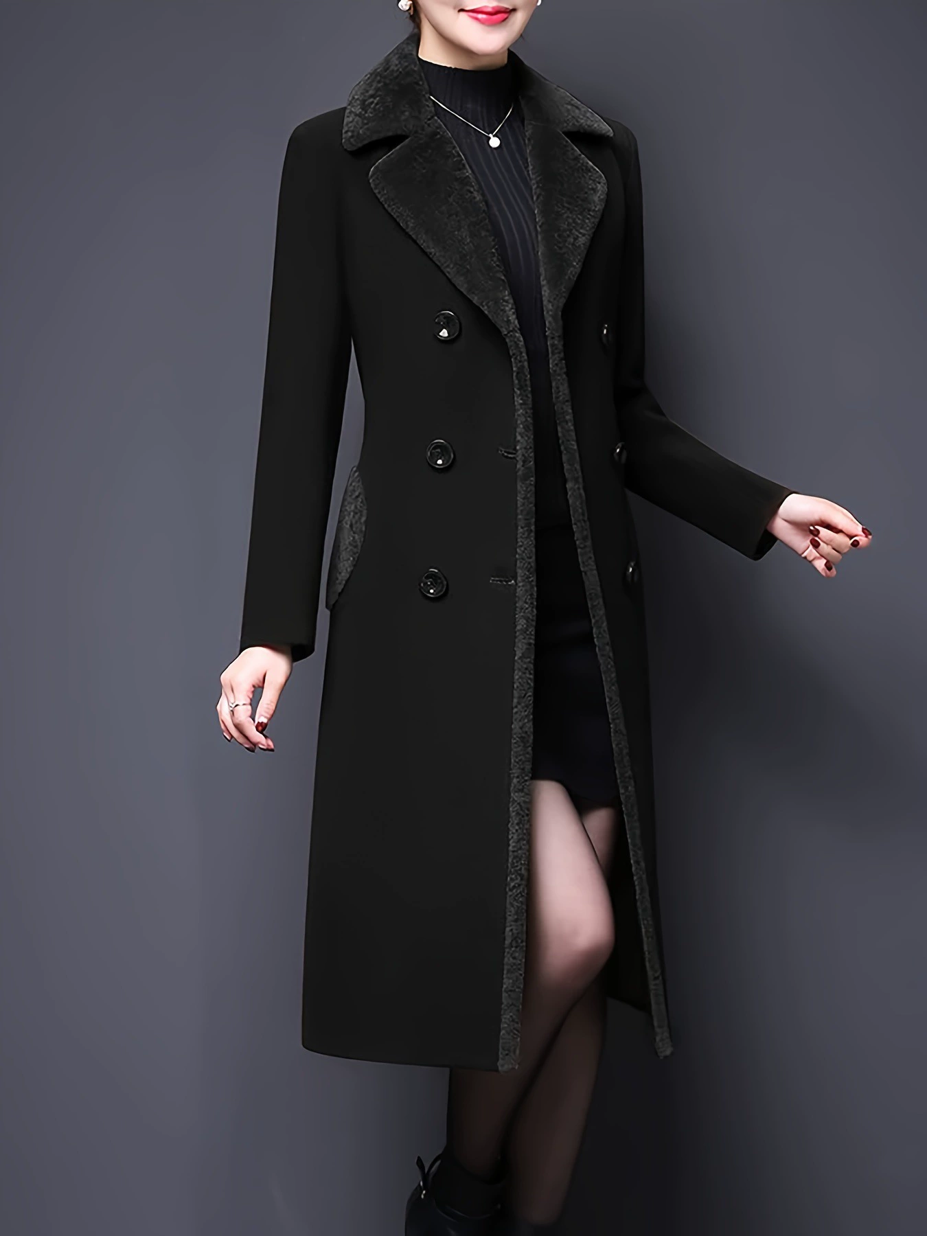 Women's Double breasted Notched Lapel Midi Pea Coat Jackets