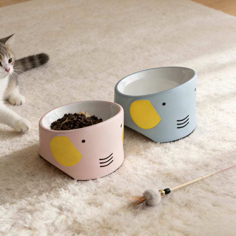 【Factory Clearance】Ceramic Cat Bowl Anti-Spill Slanted Neck-Protecting Pet Supplies Household Cat Food Bowl