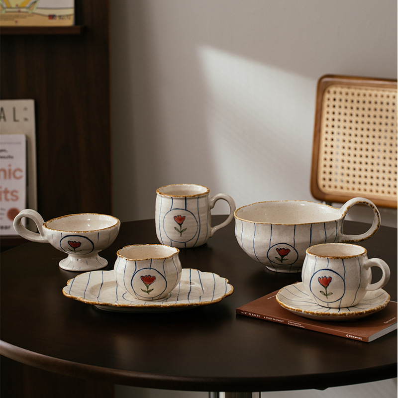 Meijiahui Hand-Kneaded Ceramic Coffee Cup and Saucer Set Blue Pattern Green Flower Cartoon Tea Cup and Saucer Mug Tableware