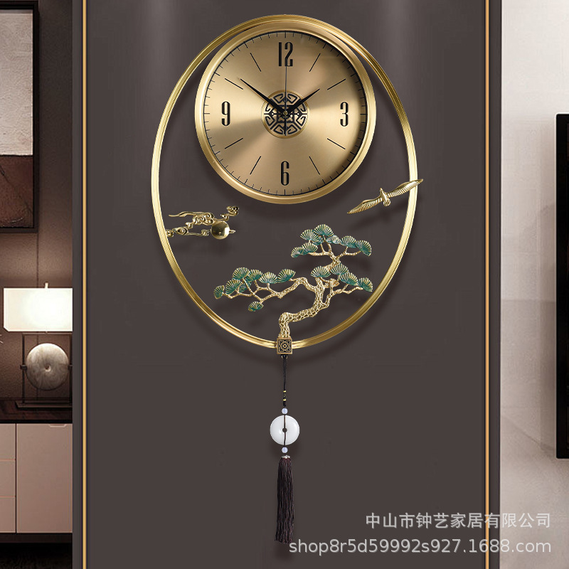 新中式纯黄铜挂钟客厅家用时尚轻奢现代时钟表简约挂墙上静音挂表