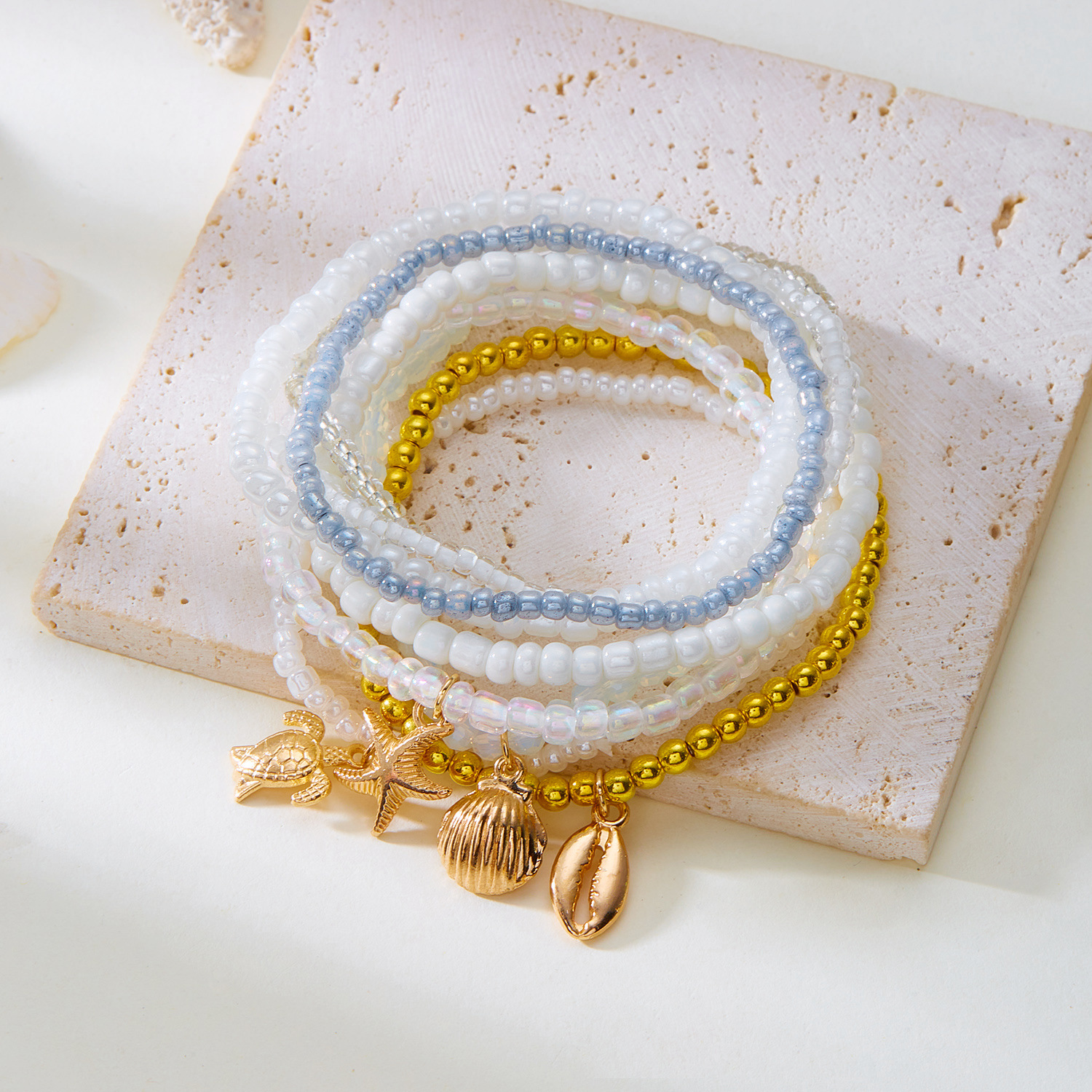 Alloy Pendant Material Modern Style Scallop Starfish Conch CCB Alloy Seed Bead Beaded Chain Stretch Adjustable Beaded Bracelets Wholesale