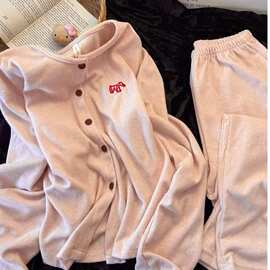 240克德绒睡衣女秋冬季保暖开衫可爱小狗绣花宽松慵懒家居服套装