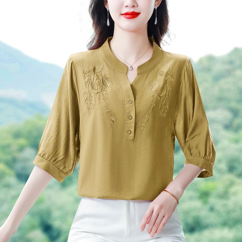 时尚绣花棉麻刺绣衬衫秋冬季新款洋气妈妈小衫短袖宽松显瘦减龄上