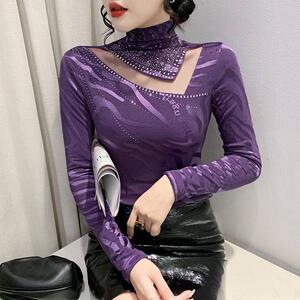 Mesh fashion V-neck hollowed out hot diamond long sleeved slim fit and slimming bottom shirt