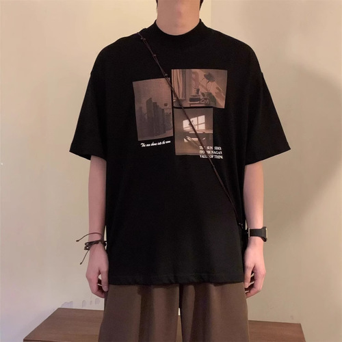 Summer Japanese retro personalized print fashion brand handsome white casual round collar short-sleeved T-shirt top for men and women inside