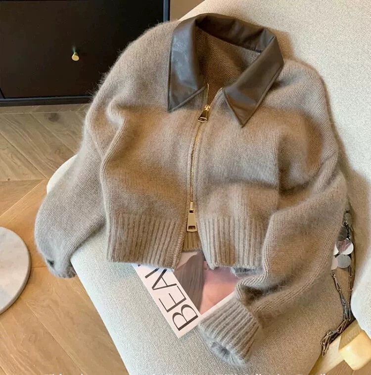 设计感拼接皮领双拉链针织衫毛衣女2025春秋新款软糯别致复古上衣|undefined