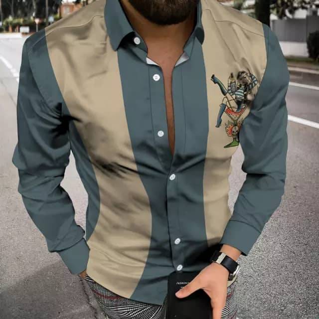 Ropa de los hombres europeos y americanos del comercio exterior 2023 primavera nuevos hombres 3D impreso casual solapa manga larga más tamaño camisa de los hombres