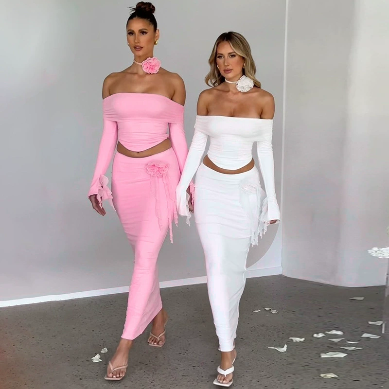 Amazon Women Women 2025 весна и лето новые модные сексуальные топы с длинными рукавами топы с тонким бюстом юбка набор оптом