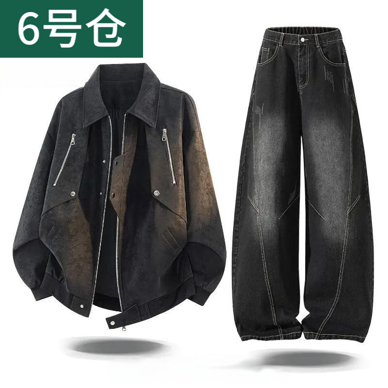 American-style trendy brand, stylish leather jacket set for men, new autumn collection, featuring tie-dye and gradient denim pants American-style trendy brand, stylish leather jacket set for men, new autumn collection, featuring tie-dye and gradient denim pants