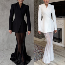 跨境2025欧美新款长袖缎面上衣套装 INS宽松弹力纱网半身裙两件套