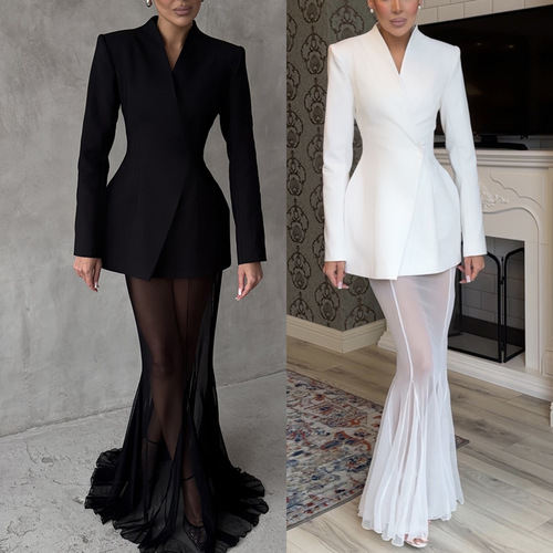 Cross-border 2025 European and American new long-sleeved satin blouse set INS loose elastic mesh skirt two-piece set 